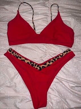 Red Leopard Trim Women's Bikini Set